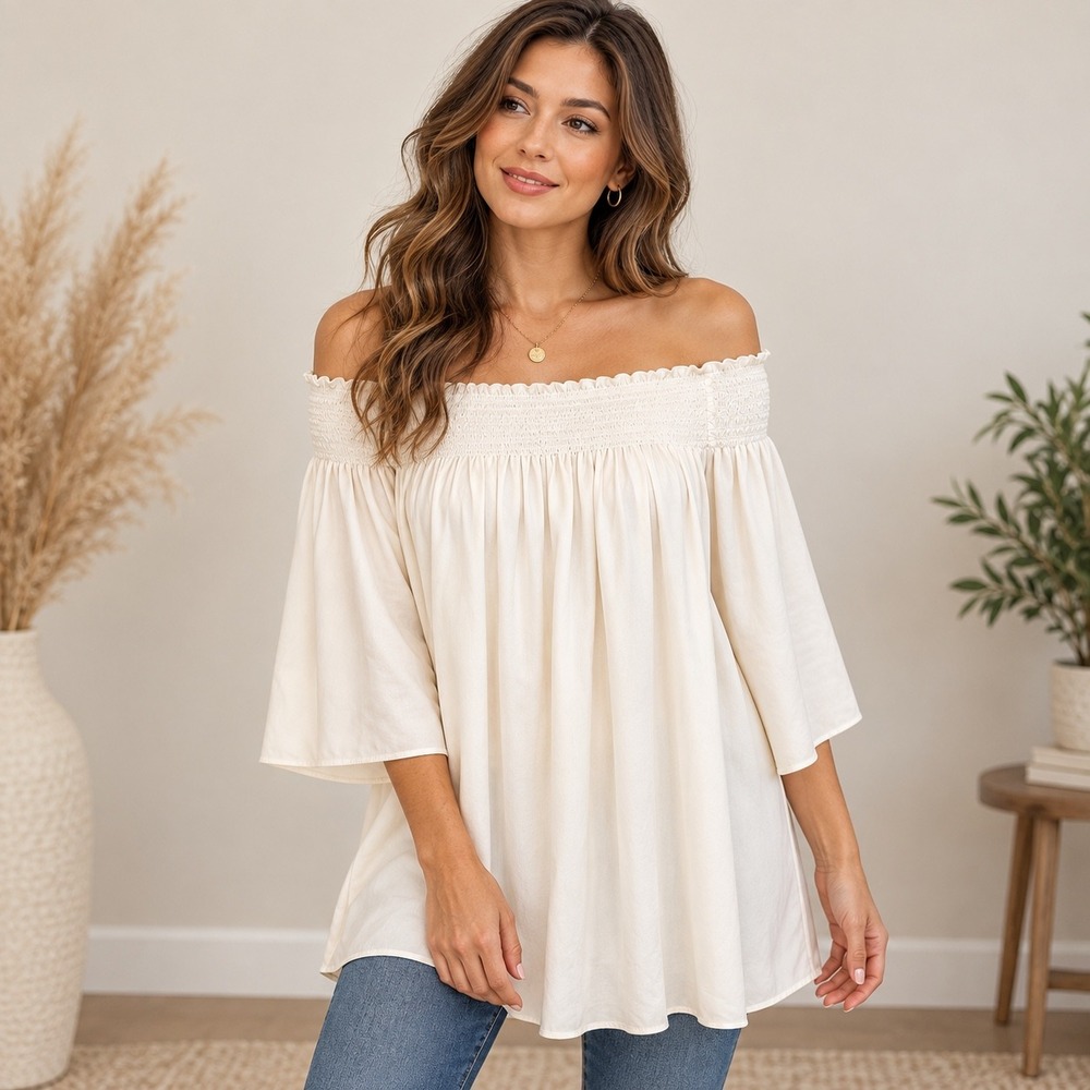 Theory Elistaire Modern GGT Ivory 100% Silk Off Shoulder Smocked Blouse P XS